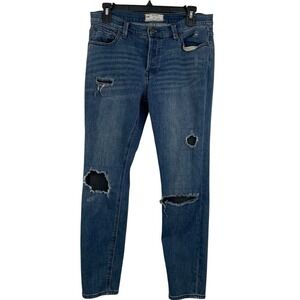Free People size 28 Distressed Fishnet Skinny Stretch Crop Jeans Button Fly Blue